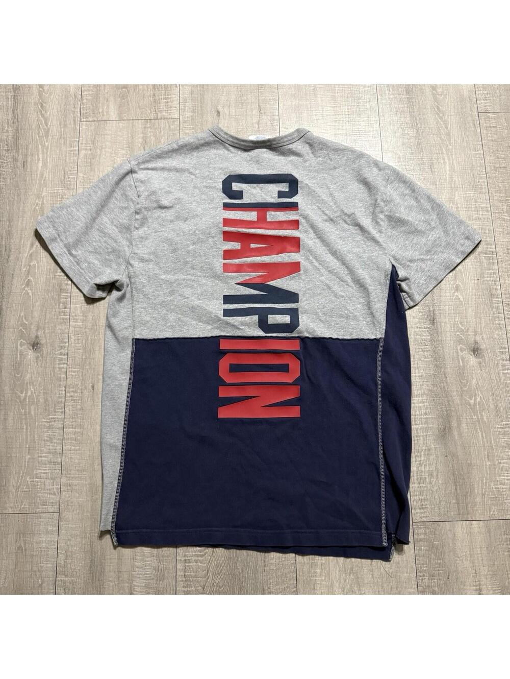 Champion Reverse Weave T-Shirt Gray Navy Colorblock Big Back Logo Men’s Large - Picture 3 of 7